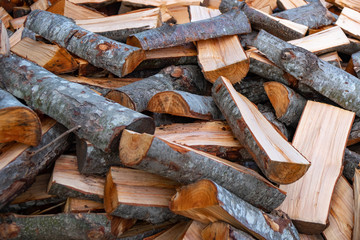 Preparation of firewood for the winter. firewood background, Stacks of firewood in the forest.