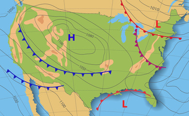 Weather forecast. Meteorological weather map of the United State of America. Realistic synoptic map USA with aditable generic map showing isobars and weather fronts. Topography and physical map.
