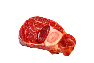 Ossobuco raw marbled beef on white background, isolated.