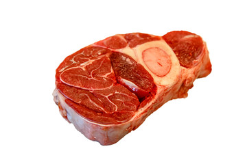 Ossobuco raw marbled beef on white background, isolated.