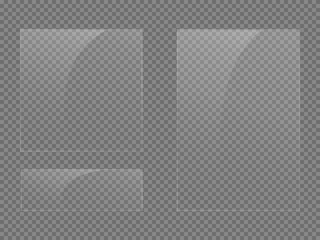 Set of transparent shiny glass plates. Clear glass showcase on a transparent background. Realistic window, phone protective film, lens circle, makeup mirror, picture frame. Mirror reflection. Windows.