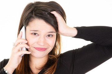 portrait of young woman with a phone is really upset frustrated