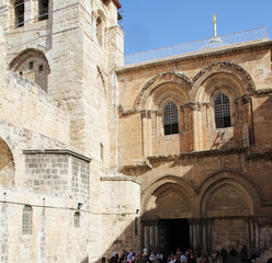 Fototapeta na wymiar View on main entrance to The Church of The Holy Sepulchre, Via Dolorosa, Jerusalem