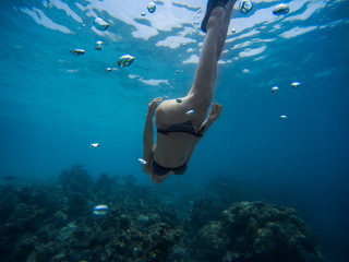 Freediver young woman swims underwater with snorkel and flippers