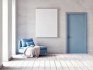 Mock up poster, Minimalism living room with comfortable sofa, 3d render, 3d illustration