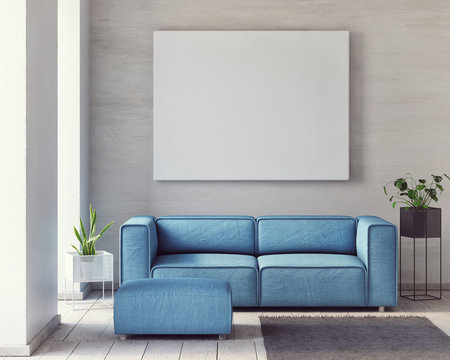 Mock up poster, Minimalism living room with comfortable sofa, 3d render, 3d illustration