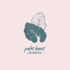 Natural cosmetic shop hand drawn logotype template. Palm leaves sketch drawing. Handwritten lettering and exotic foliage illustration. Skin care store logotype linear concept. Marketing design element