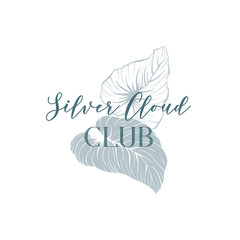Spa club floral logo hand drawn vector template. Monstera leaves outline sketch illustration. Exotic foliage and lettering composition. Botanical logotype line art design with lettering