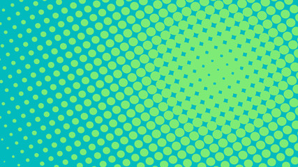 Bright green and turquoise retro pop art background with dots. Vector abstract background with halftone dots design.