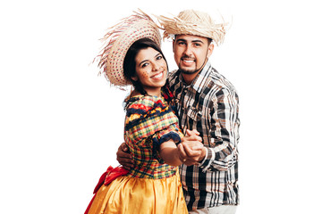Brazilian couple wearing traditional clothes for Festa Junina - June festival - dancing isolated on white background