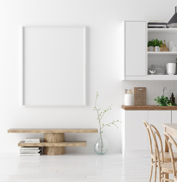 Mock up poster frame in kitchen interior background, Scandinavian style, 3d render