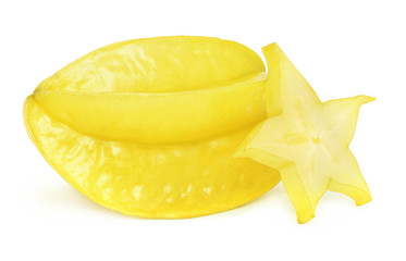 One whole ripe carambola and slice (isolated)