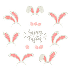 Happy Easter on White Background with Eggs and Bunny Ears