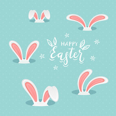 Lettering Happy Easter with Rabbit Ears on Blue Background