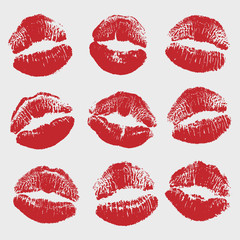 Print of red lips set. World kiss day, Valentine's day design elements. Vector illustration of womans girl red lipstick kiss mark isolated on white background.