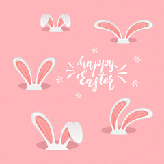 Lettering Happy Easter with Rabbit Ears on Pink Background