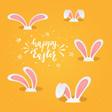 Lettering Happy Easter with Rabbit Ears on Orange Background