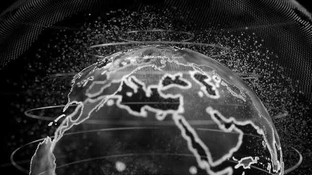 black and white 3D rendering of earth technology, business and communications background. Earth globe rotation with plexus particles around. TV news