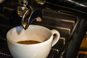 Process of preparation of a cappuccino. Work the barista in coffee shop. Coffee machine