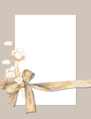 Wedding Invitation, grey ribbon and invite card geometric. Horizontal elegant Rectangle frame. White square background. watercolor. Greeting card, cute celebration. Living coral
