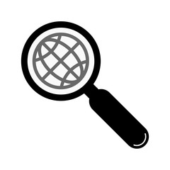 Icon magnifier and globe. Vector illustration of magnifying glass and planet symbol. - Vector