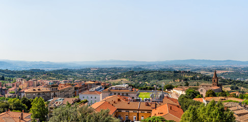 Obraz premium Perugia panorama in Umbria, Italy cityscape skyline view of church tower and rooftops of town village in summer landscape