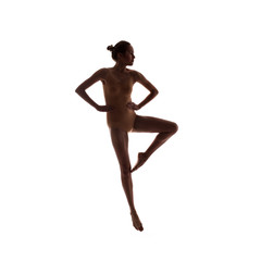 young beautiful dancer in beige swimsuit posing