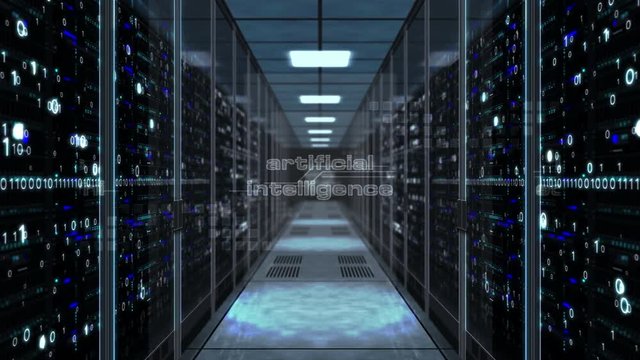 Artificial intelligence and machine learning concept with ai head shape on glass door in server room. Flight through the corridor with large computer racks. Endless and loopable 3D abstract animation.