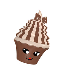 niedlicher Cupcake mit Schoko-Sahne Haube, Schleife und lachendem Gesicht im Kawaii Stil.