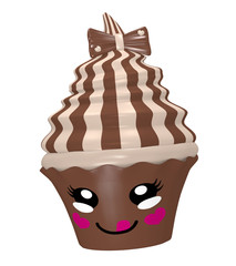 niedlicher Nougat-Schoko Cupcake mit Schoko-Schleife und lachendem Gesicht im Kawaii Stil.