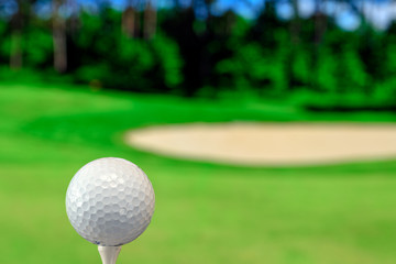 Close up photo of a golf ball in the golf course in a warm sunset light
