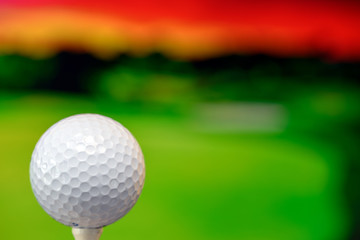 Close up photo of a golf ball in the golf course in a warm sunset light