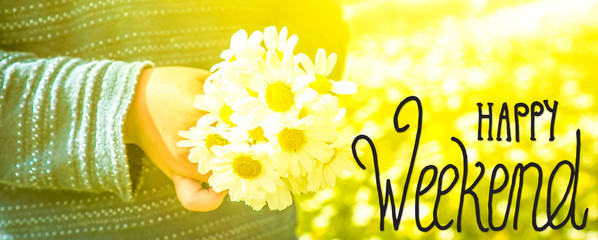 Child, Bouquet Of Daisy Flower, Calligraphy Happy Weekend
