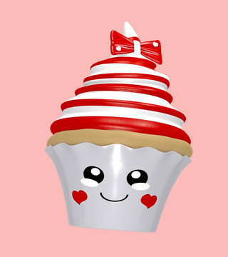 niedlicher Cupcake mit rot-weißen Ringen, Schleife und lachendem Gesicht im Kawaii Stil.