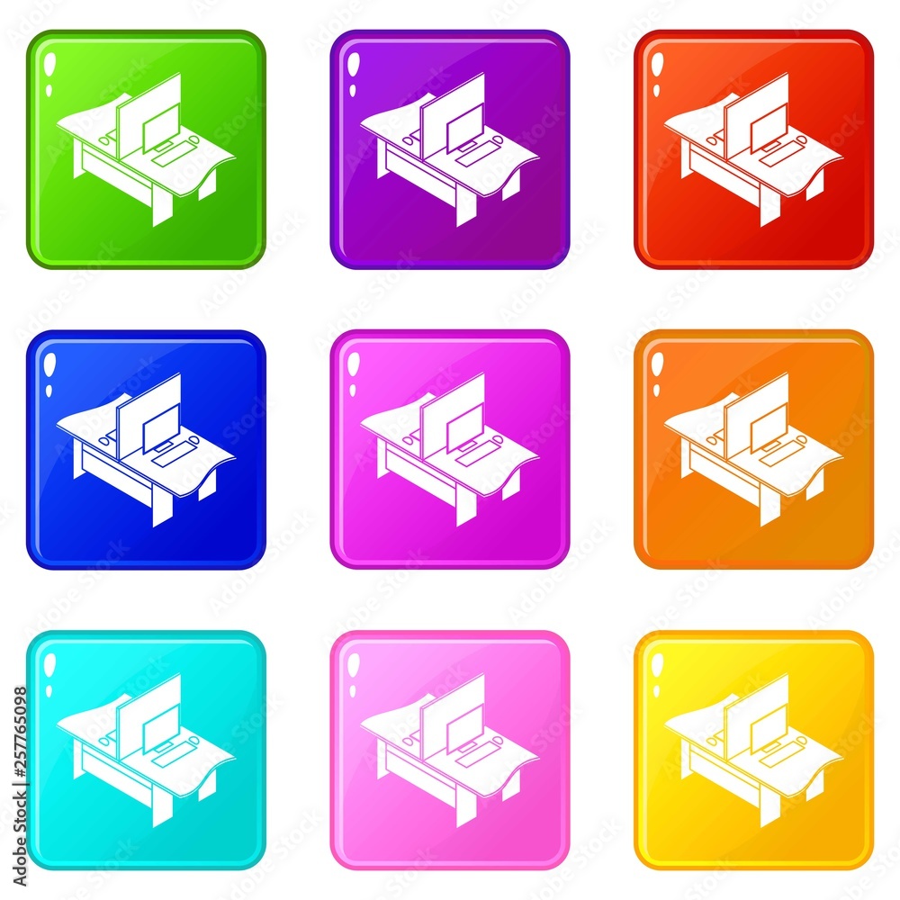 Poster double office table icons set 9 color collection isolated on white for any design