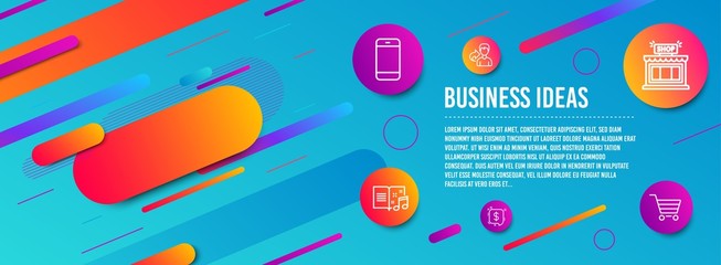 Header banner. Payment message, Share and Smartphone icons simple set. Shop, Music book and Market sale signs. Finance, Male user. Business set. Line payment message icon. Gradient elements. Vector