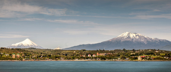 Chile,Puerto mont bay, Calbulco volcano, panorama.