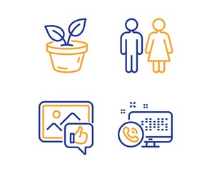 Like photo, Leaves and Restroom icons simple set. Web call sign. Thumbs up, Grow plant, Wc toilet. Phone support. Business set. Linear like photo icon. Colorful design set. Vector