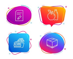 Edit document, Burger and Apple icons simple set. Delivery box sign. Page with pencil, Cheeseburger, Diet food. Cargo package. Business set. Speech bubble edit document icon. Vector