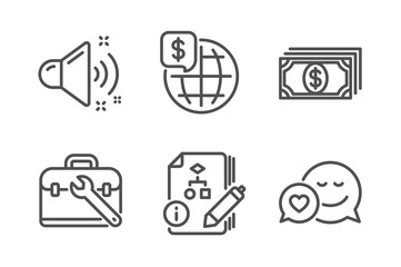 Loud sound, Payment and Algorithm icons simple set. World money, Tool case and Dating signs. Music, Finance. Business set. Line loud sound icon. Editable stroke. Vector