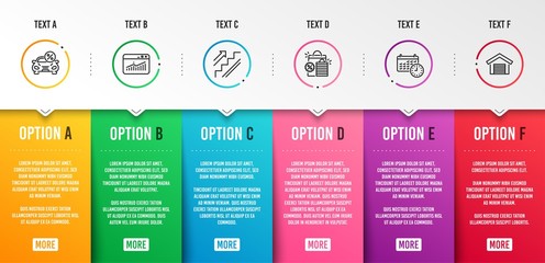 Calendar, Website statistics and Car leasing icons simple set. Stairs, Shopping bags and Parking garage signs. Time, Data analysis. Business set. Infographic template. 6 steps timeline. Vector