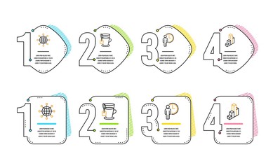 International globe, Waiting and Tea icons simple set. 3d chart sign. World networking, Service time, Glass mug. Presentation column. Business set. Infographic timeline. Line international globe icon