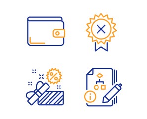 Reject medal, Sale and Money wallet icons simple set. Algorithm sign. Award rejection, Gift box, Payment method. Project. Business set. Linear reject medal icon. Colorful design set. Vector