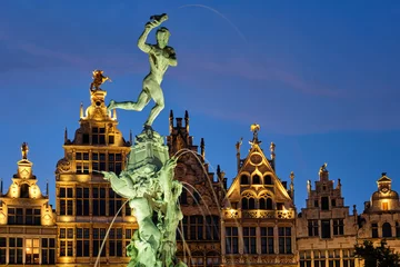 Gordijnen Antwerpse Grote Markt met beroemd Brabo-standbeeld en fontein bij nacht, België © Dmitry Rukhlenko
