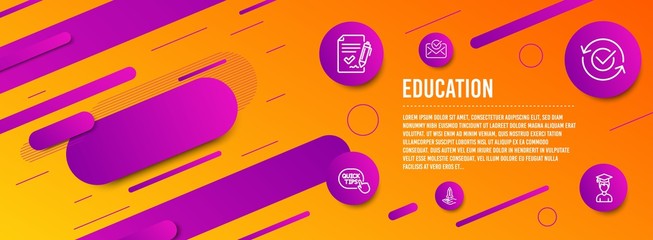 Header banner. Crowdfunding, Quick tips and Approved mail icons simple set. Approved agreement, Student signs. Start business, Helpful tricks. Education set. Line crowdfunding icon. Gradient elements