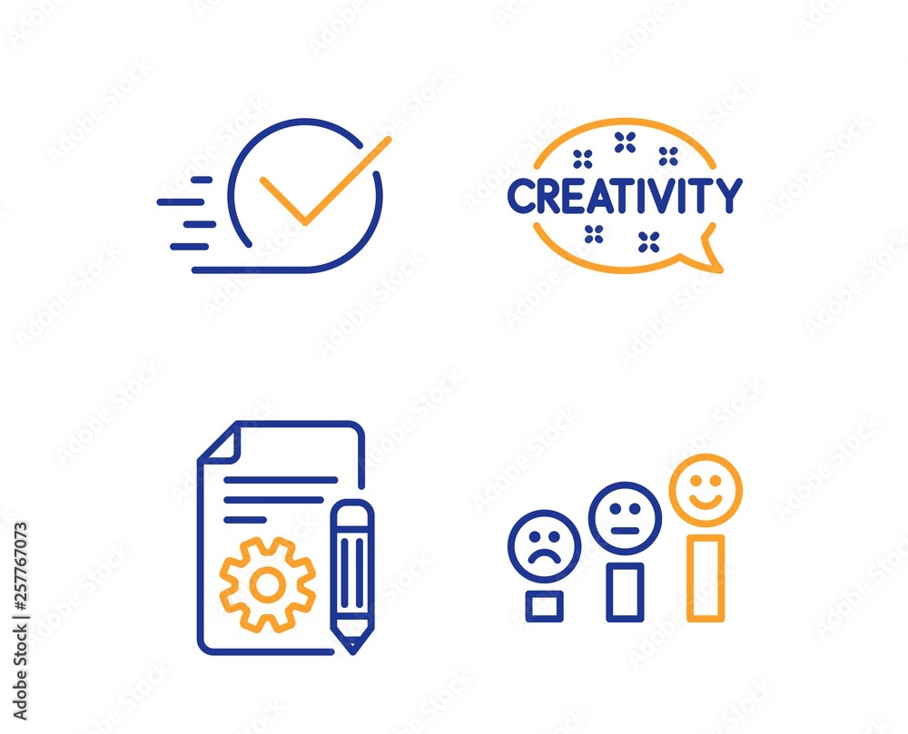 Poster creativity, documentation and checkbox icons simple set. customer satisfaction sign. inspiration, pr