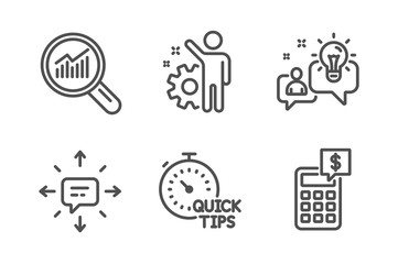 Sms, Data analysis and Idea icons simple set. Employee, Quick tips and Calculator signs. Conversation, Magnifying glass. Education set. Line sms icon. Editable stroke. Vector