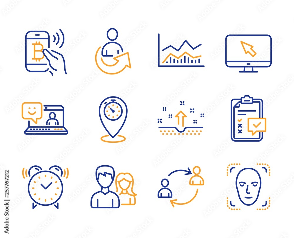 Poster timer, share and user communication icons simple set. bitcoin pay, checklist and alarm clock signs. 