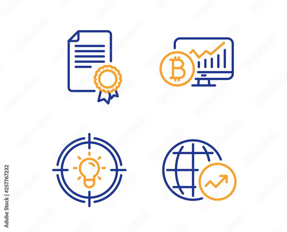 Poster certificate, bitcoin chart and idea icons simple set. world statistics sign. diploma, cryptocurrency