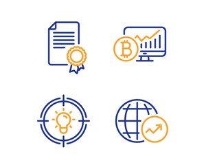 Certificate, Bitcoin chart and Idea icons simple set. World statistics sign. Diploma, Cryptocurrency statistics, Solution. Global report. Education set. Linear certificate icon. Colorful design set